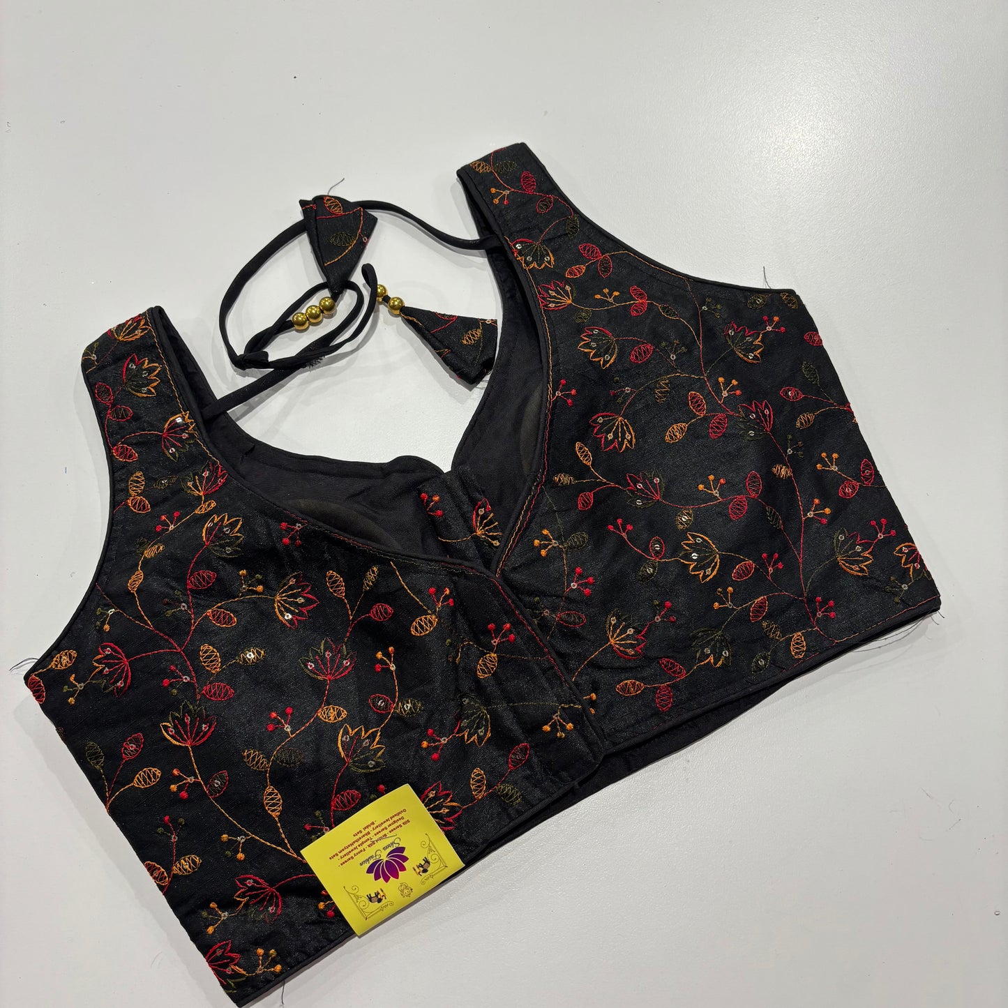 Black Readymade Blouse with Gold Embroidery & Attached Sleeve Fabric