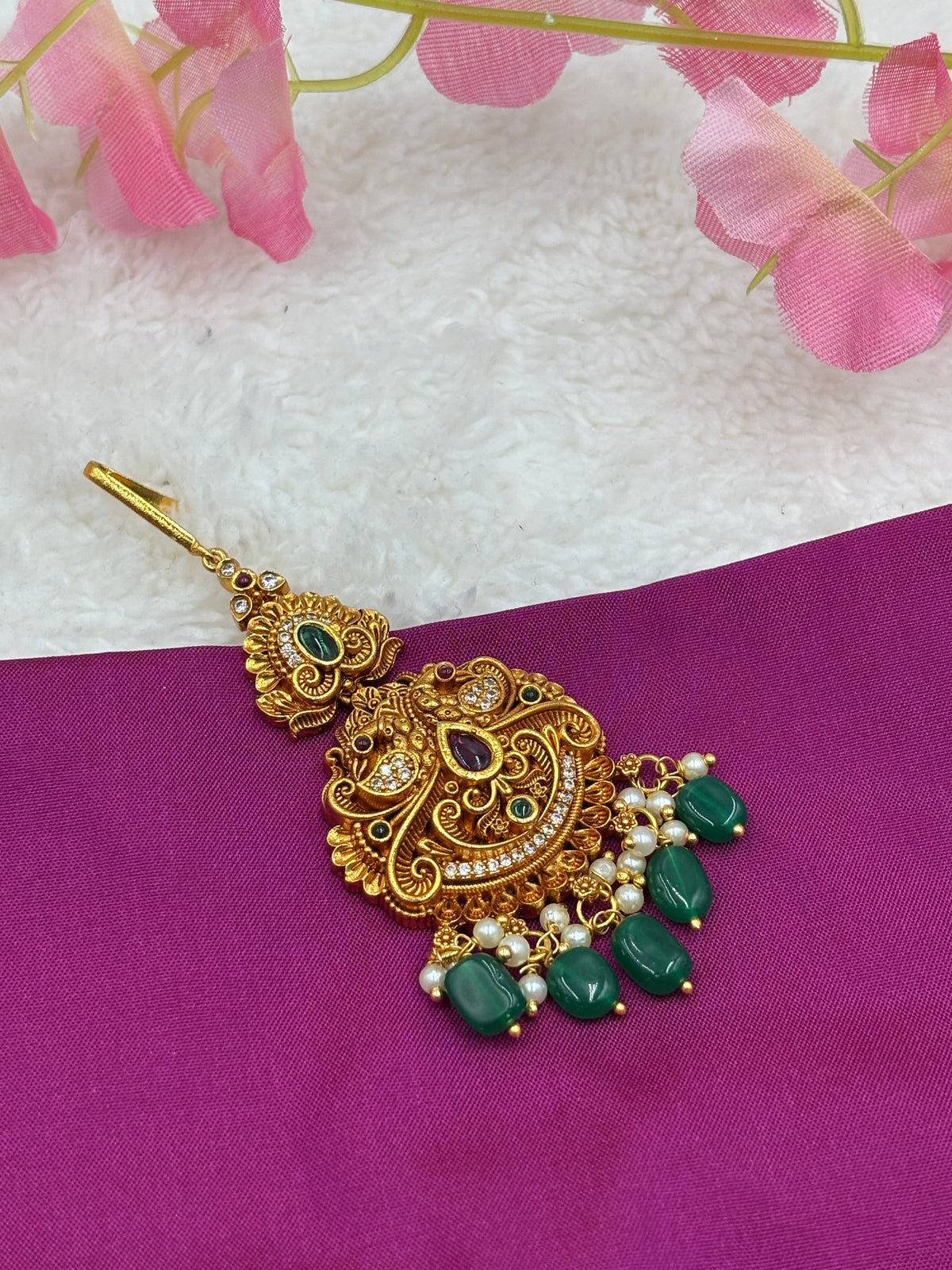 Premium Peacock Design Tikka – Matte Finish with Pearls and green beads