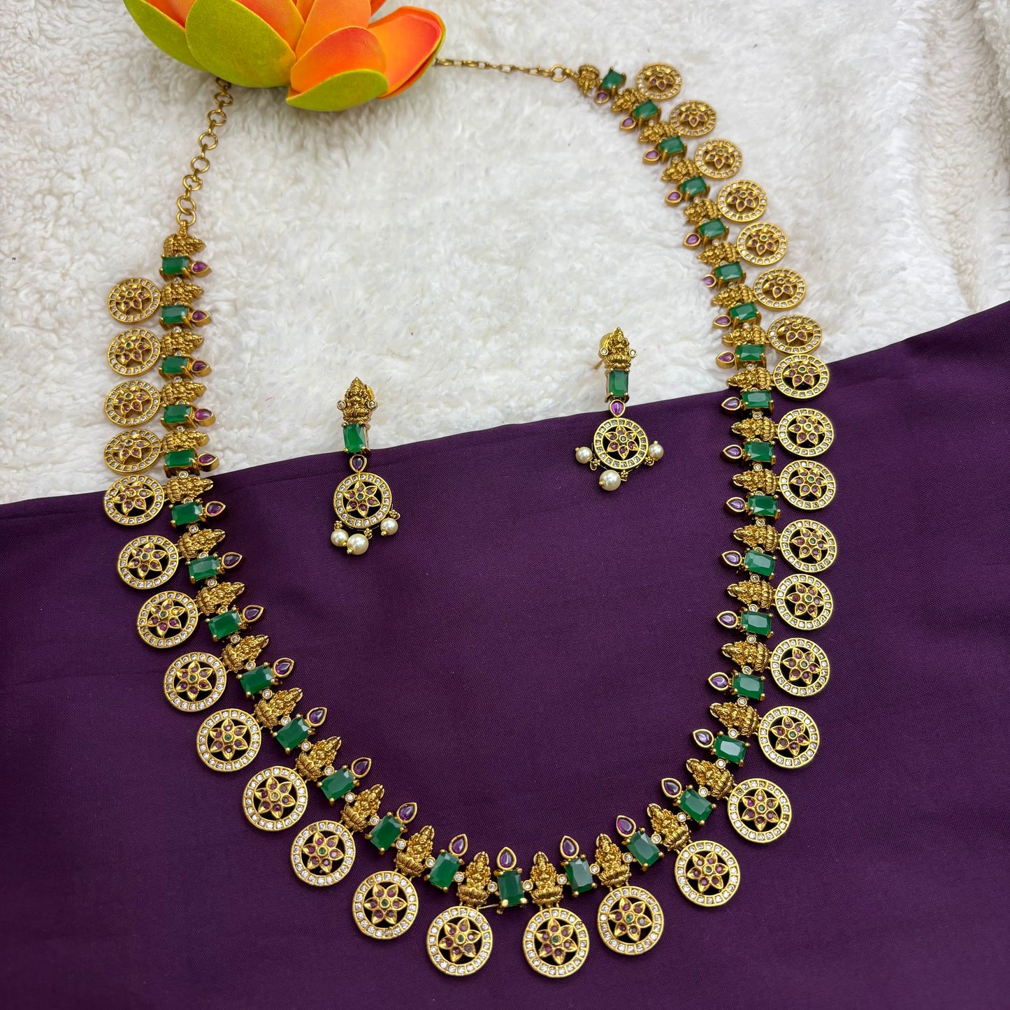 Divine Grace – Temple & Coin Design Long Haram with Green & Pink Stones