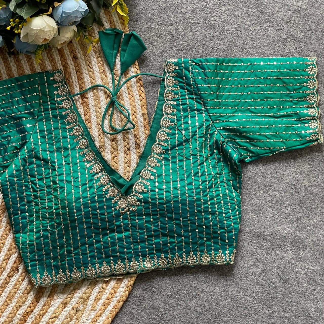 Emerald Green V-Neck Blouse with Antique Gold Embroidery