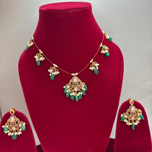 Moonlit Charm – Chandbali Invisible Chain Set with Pink & Green Kemp Stones