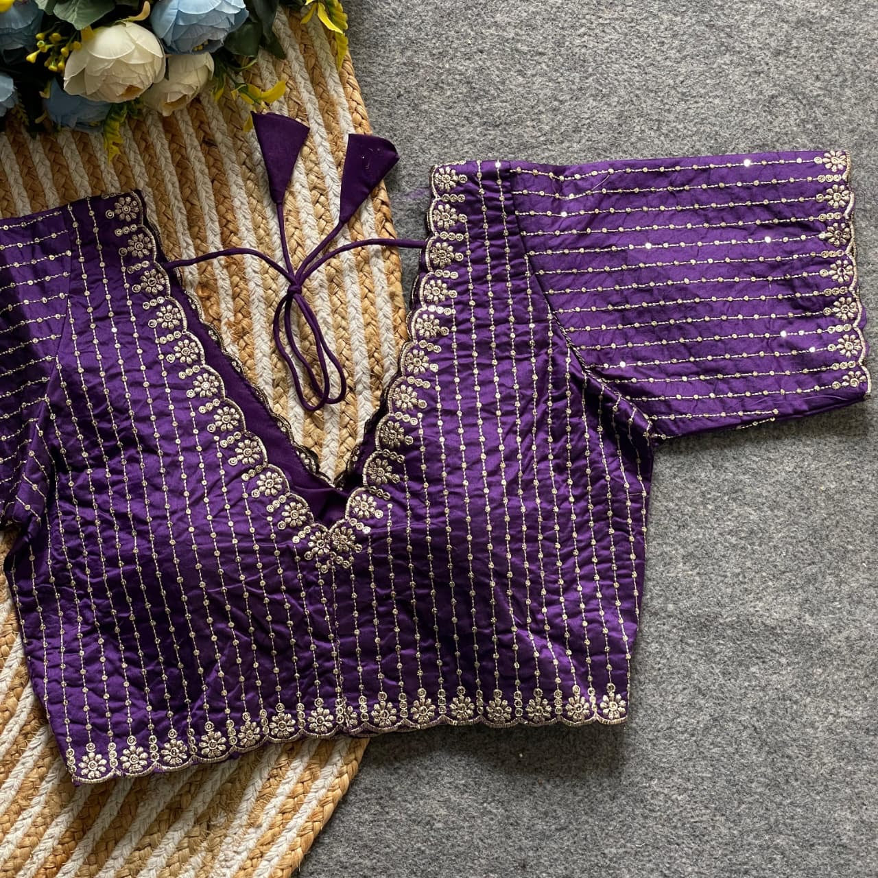 Purple Readymade Blouse with Gold Embroidery