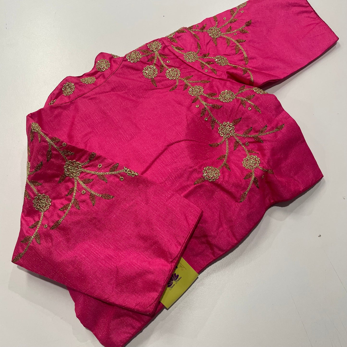 Rani Pink Collar Neck Ready-Made Blouse with Gold Embroidery – Graceful Fusion for Sarees & Festive Wear