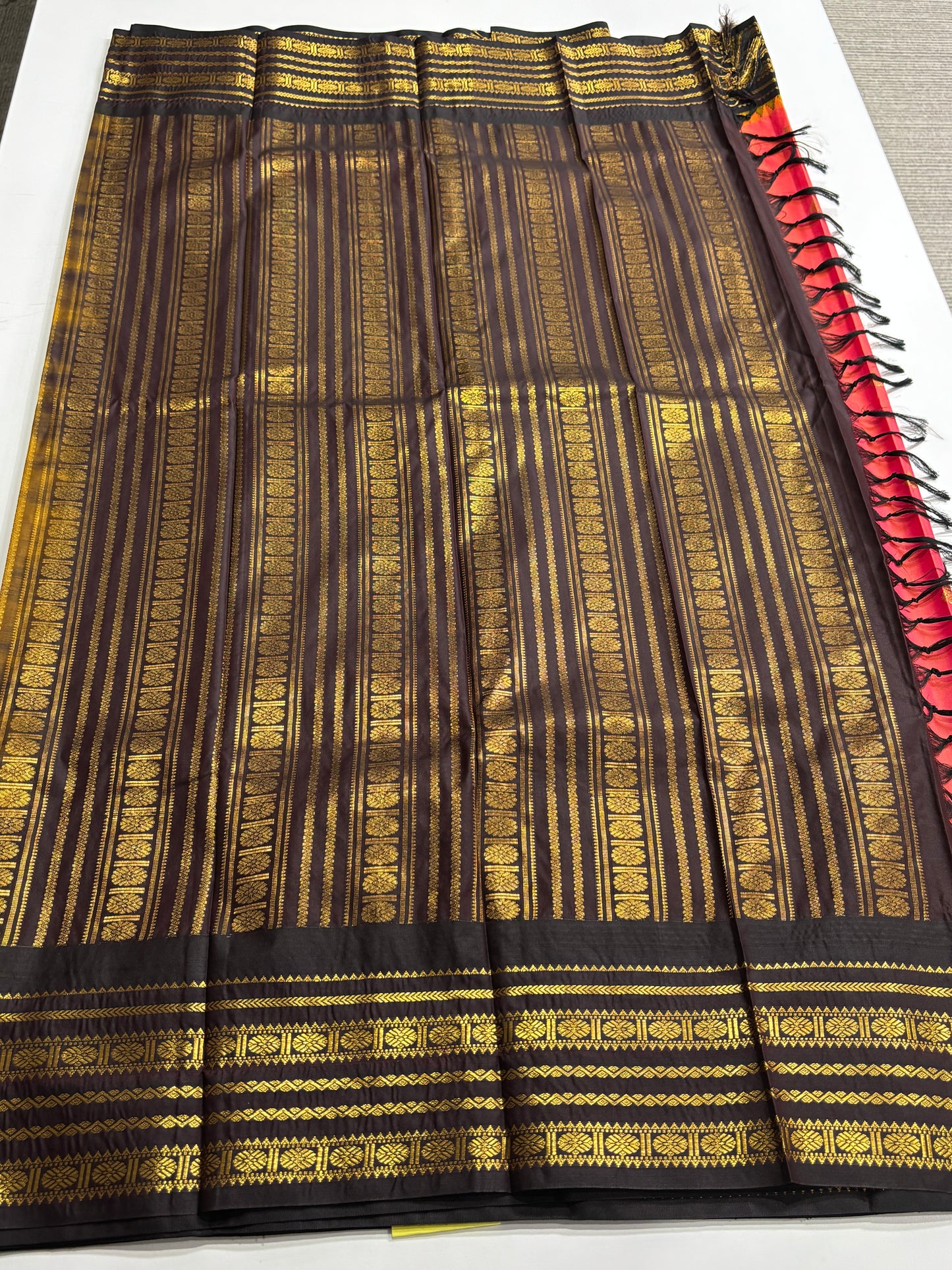 Peach & Brown Kanchipuram Semi Silk Saree with Contrast Border & Pallu