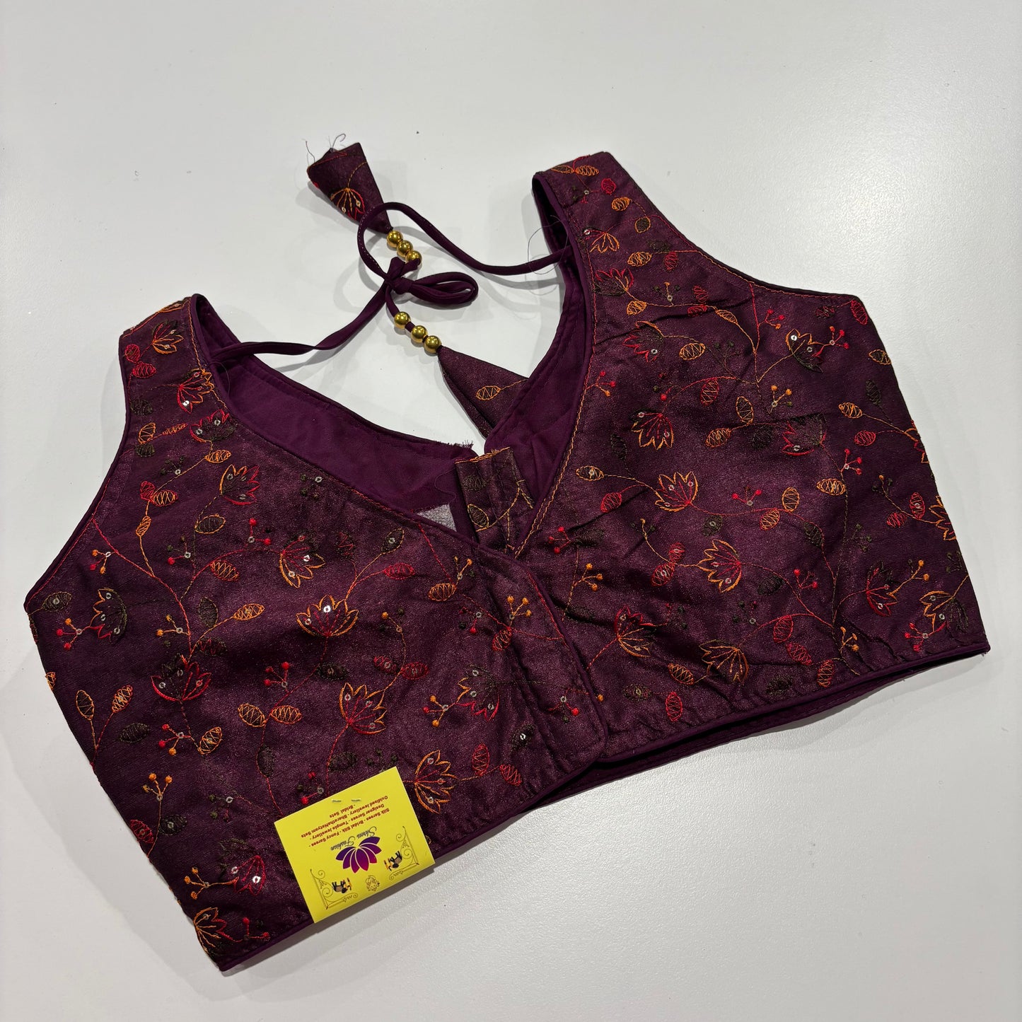 Wine Readymade Blouse with Gold Embroidery & Attached Sleeve Fabric