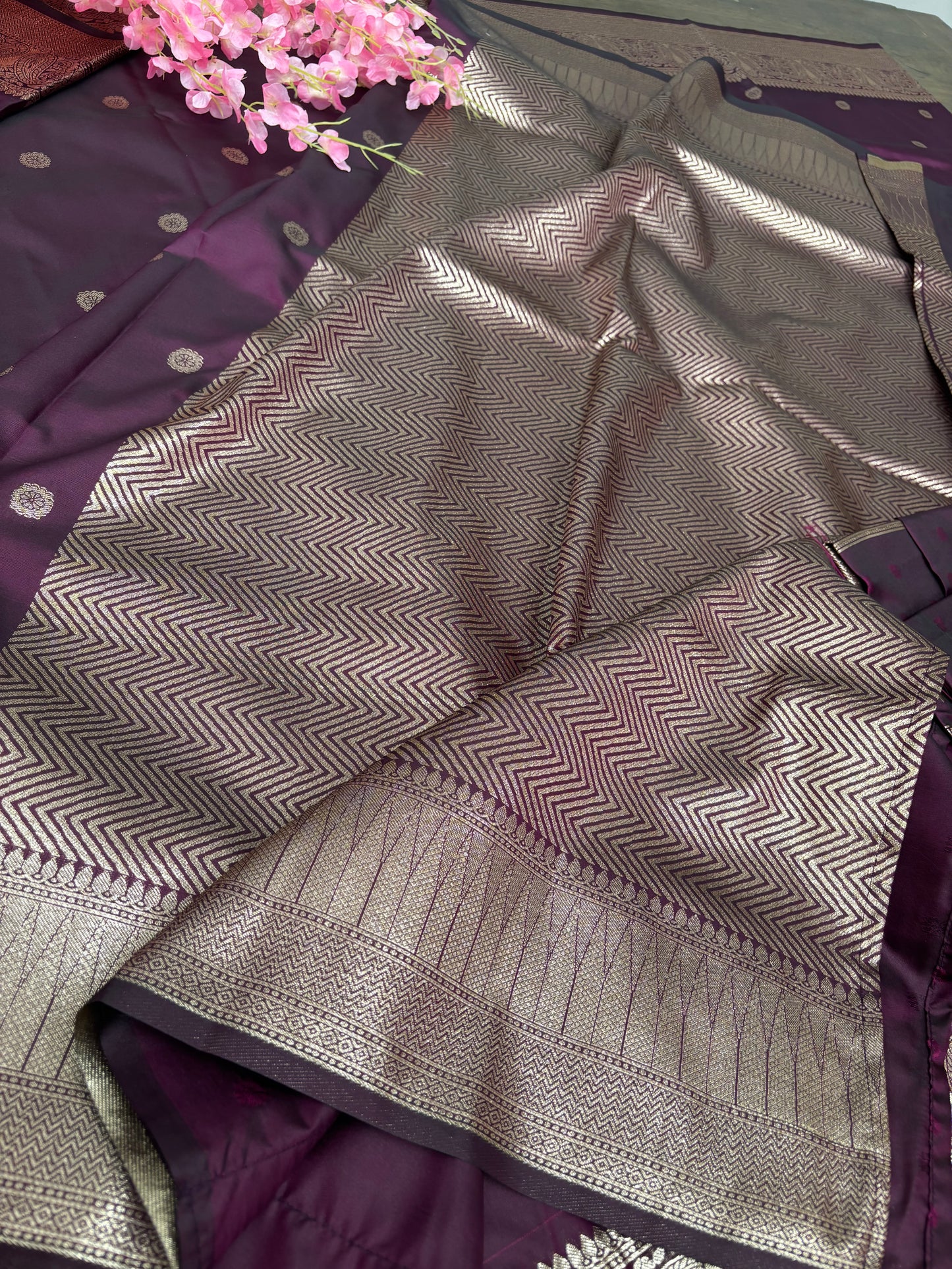 Elegant Wine Soft Silk Saree with Intricate Zari Border & Matching Blouse Piece