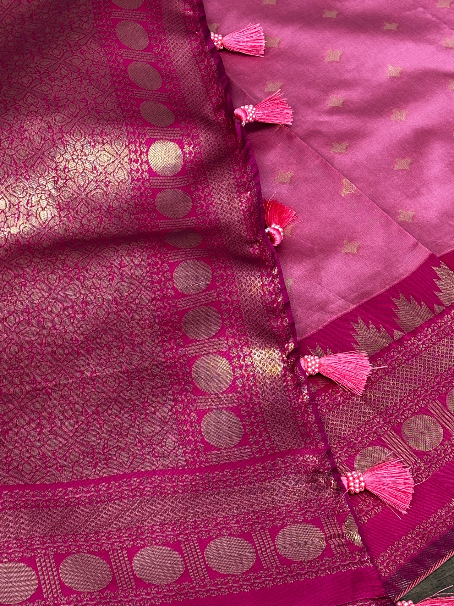 Premium Light Pink Soft Silk Saree Featuring Dark Pink Temple Border