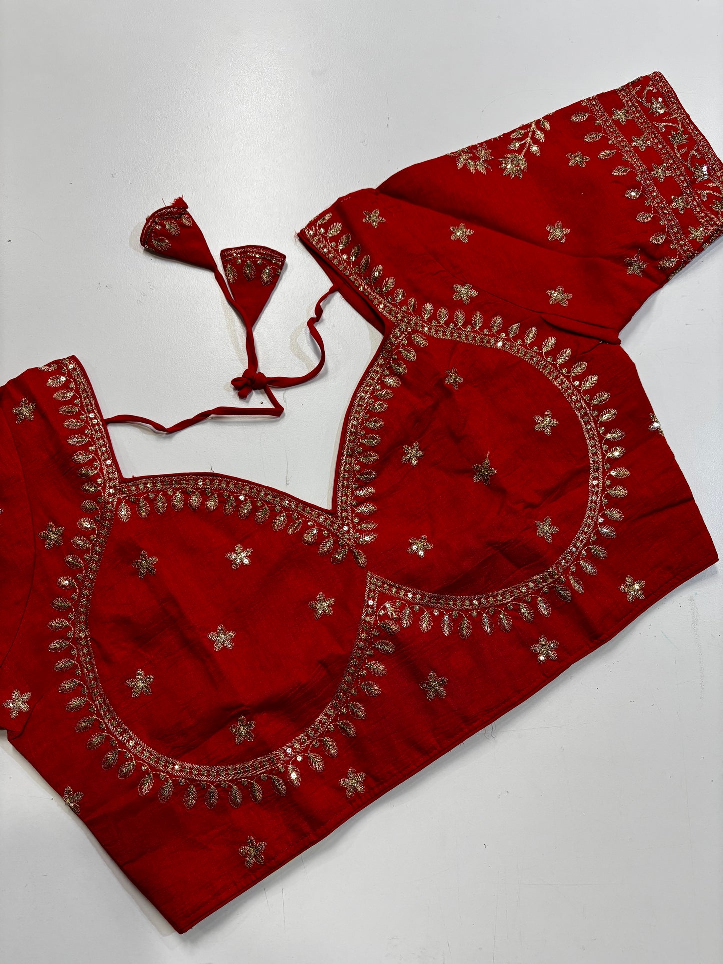 Gracefully Crafted Plus Size Red Traditional Embroidered Silk Saree Blouse with Gold Thread Work & Back Tassels | Shrees Fashion