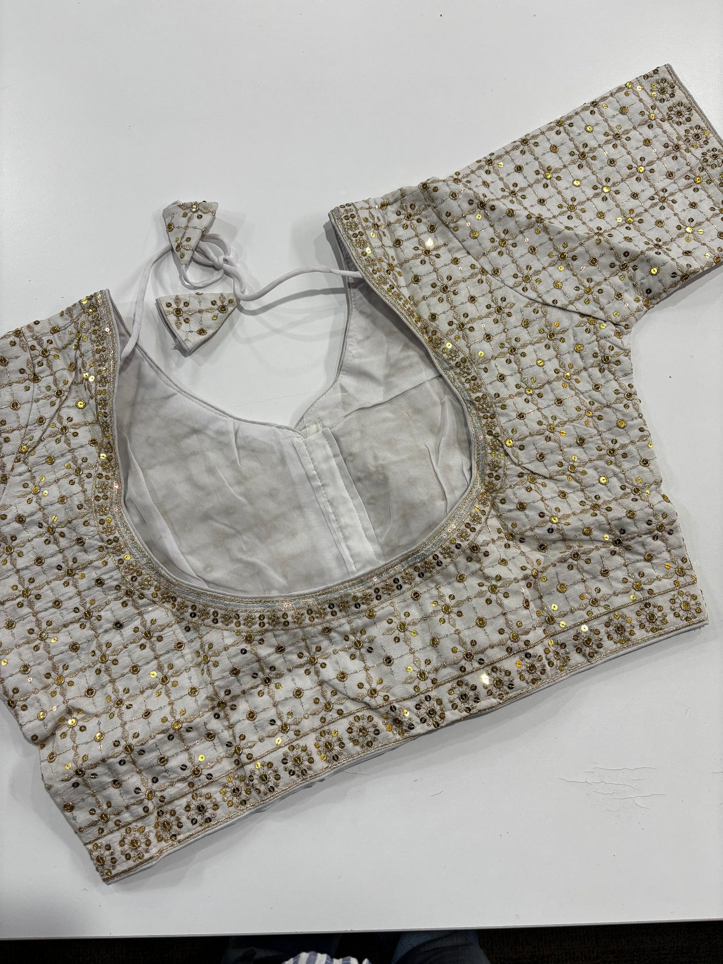 Beautiful Plus Size White Embroidered Silk Blouse with Gold Work, Front Hooks & Matching Tassels | Shrees Fashion