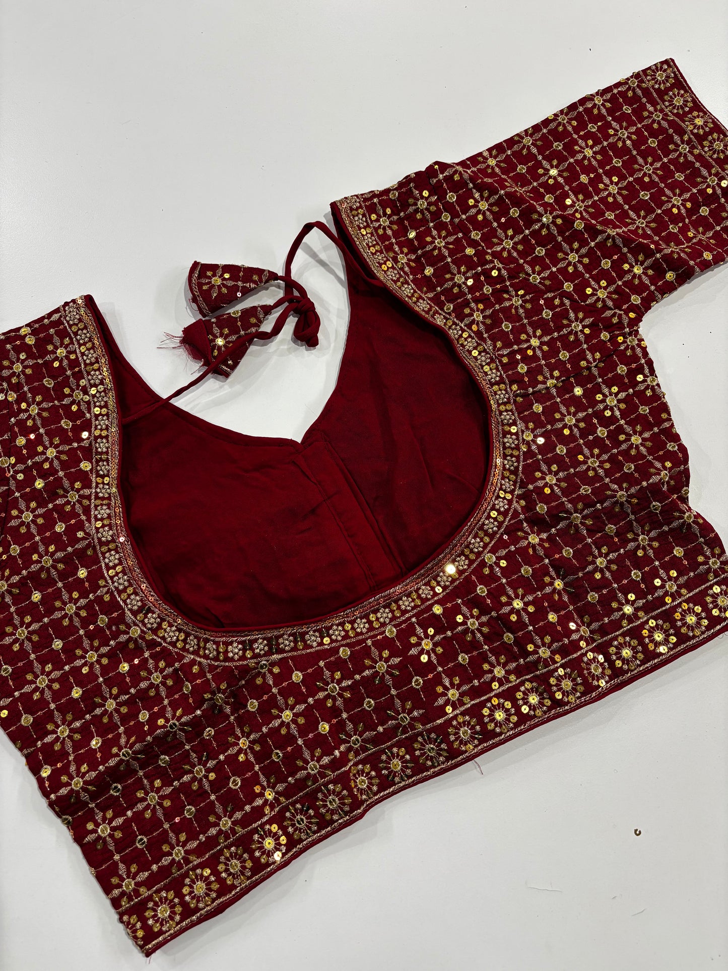 Elegantly Detailed Plus Size Maroon Embroidered Silk Saree Blouse with Gold Work & Back Tassels | Shrees Fashion