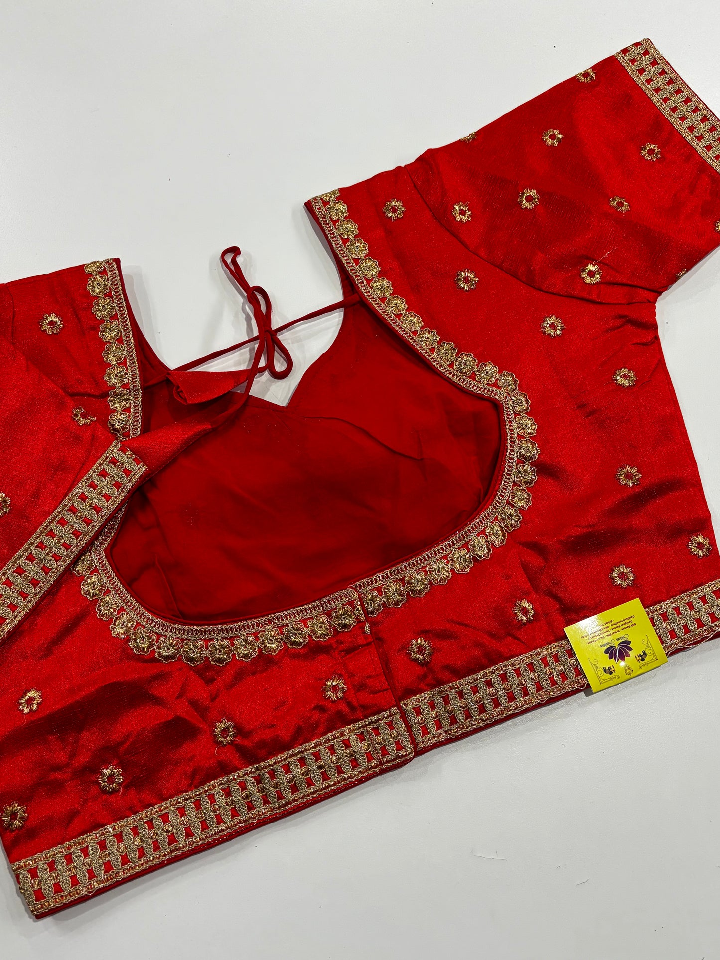Radiant Plus Size Red V‑Neck Embroidered Silk Saree Blouse with Gold Detailing & Back Hook | Shrees Fashion