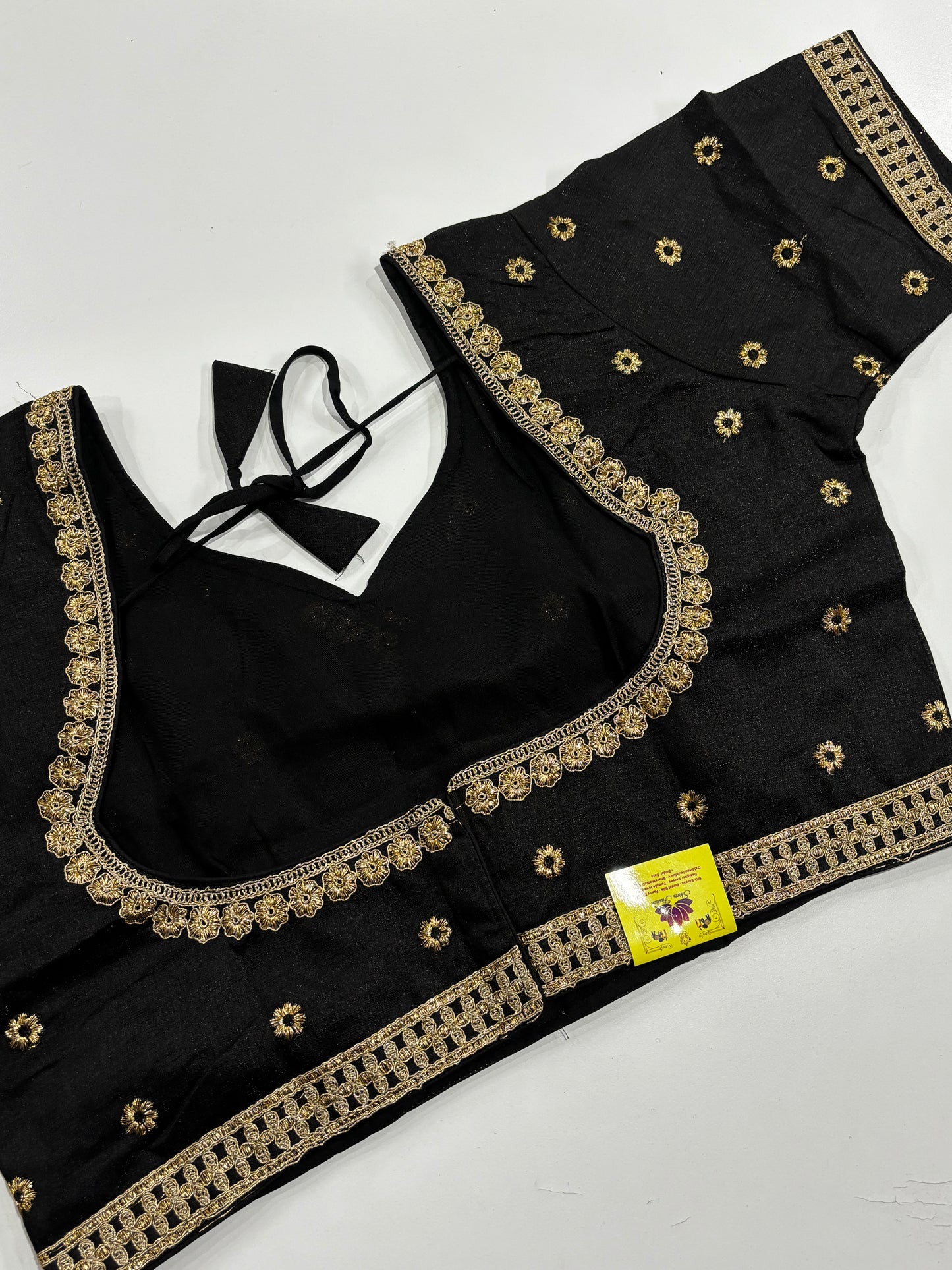 Traditional Plus Size Black Embroidered V‑Neck Silk Blouse with Gold Finish & Back Closure | Shrees Fashion