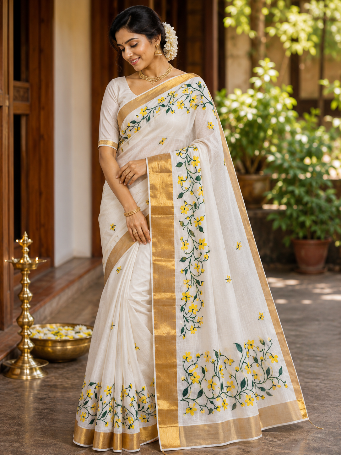 Kerala Kasavu saree with yellow floral and green vine embroidery – view 5