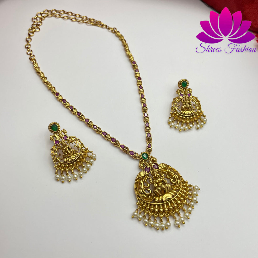 Exquisite Temple-Inspired Ruby and CZ Stone Necklace in Matte Gold Finish