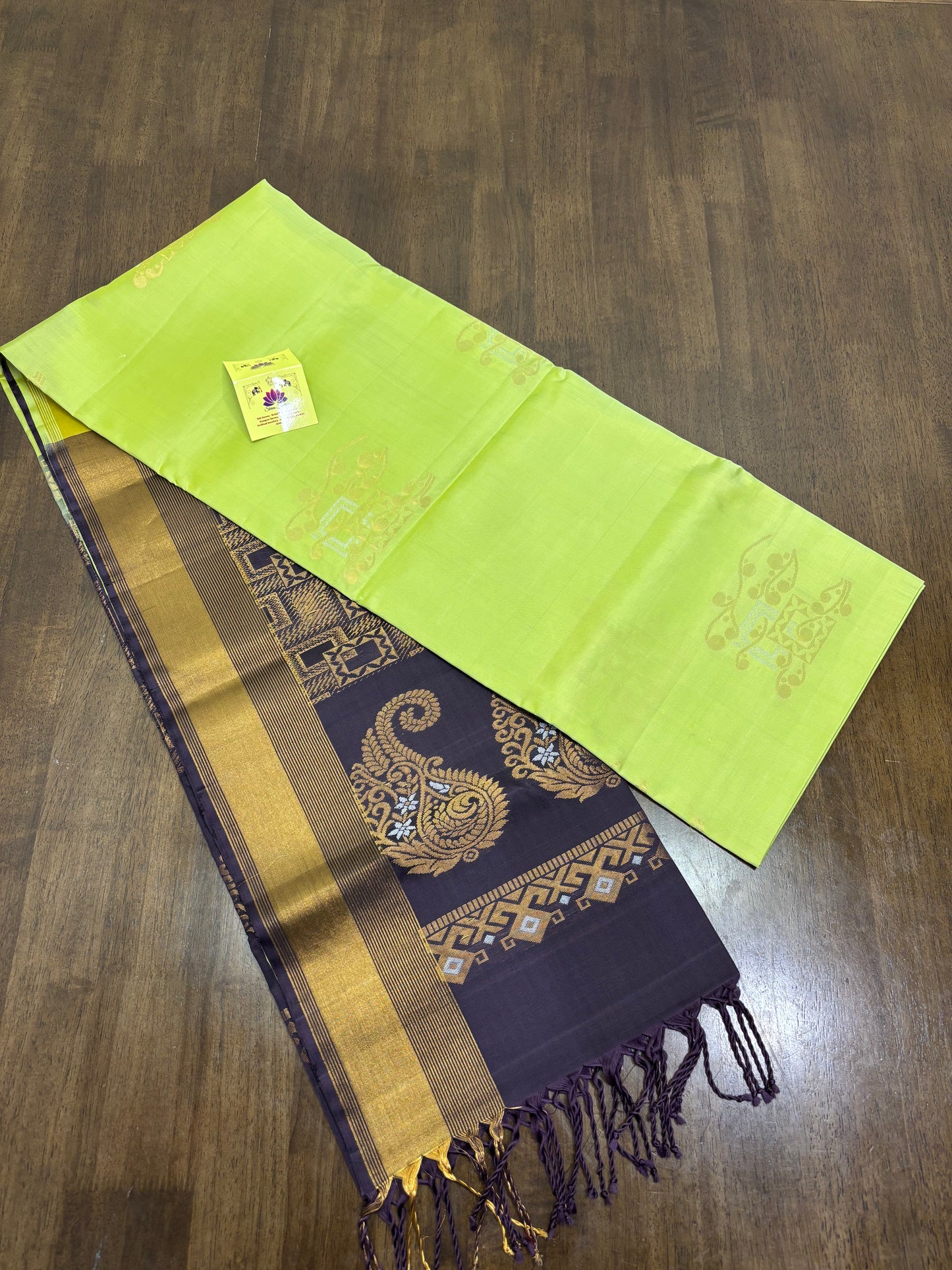 Parrot Green & Dark Plum Kanchipuram Silk Saree with Rich Zari Detailing