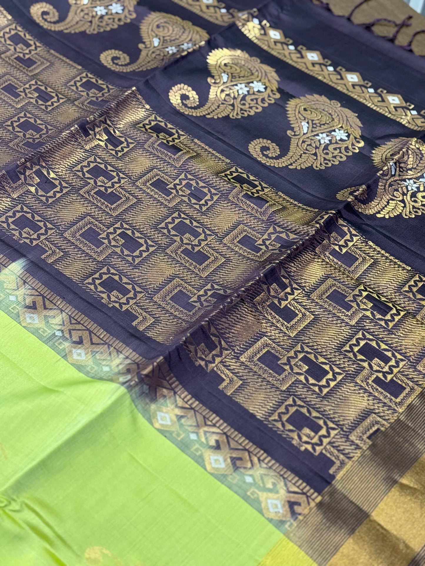 Parrot Green & Dark Plum Kanchipuram Silk Saree with Rich Zari Detailing