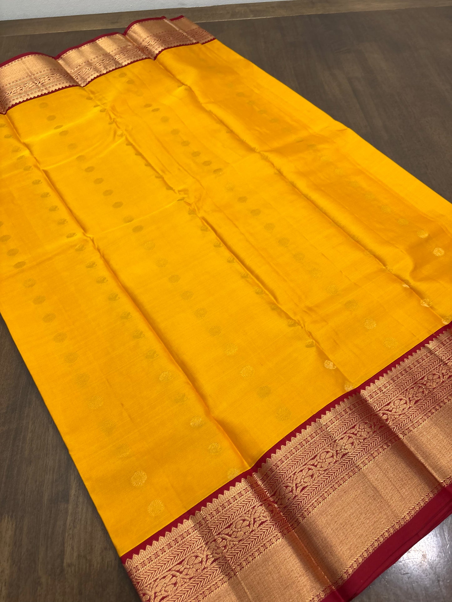 Radiant Yellow and Red Kanchipuram Silk Saree – Pure Handwoven Elegance