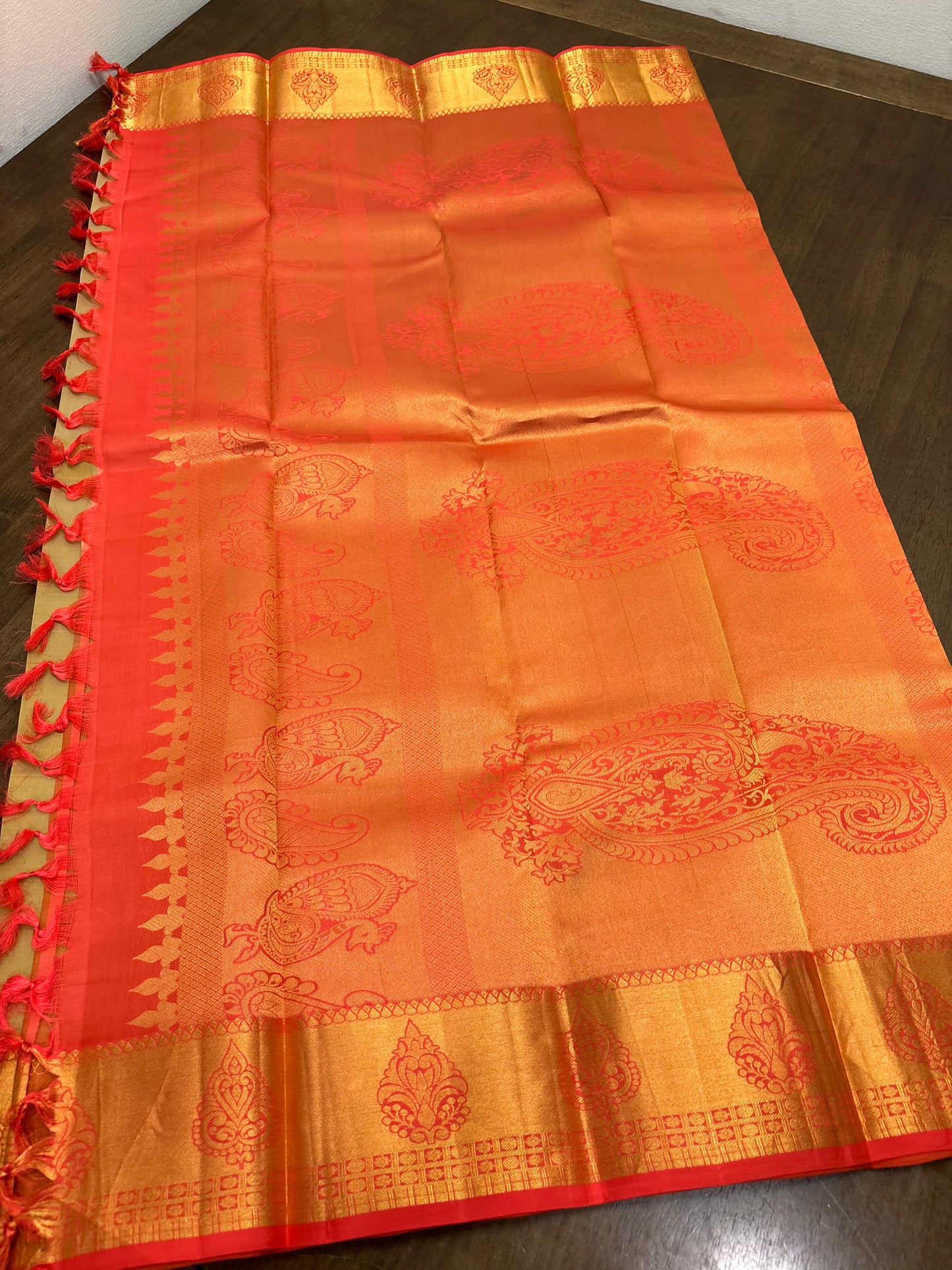 Radiant Gold & Peach Kanchipuram Silk Saree with Intricate Zari Detailing