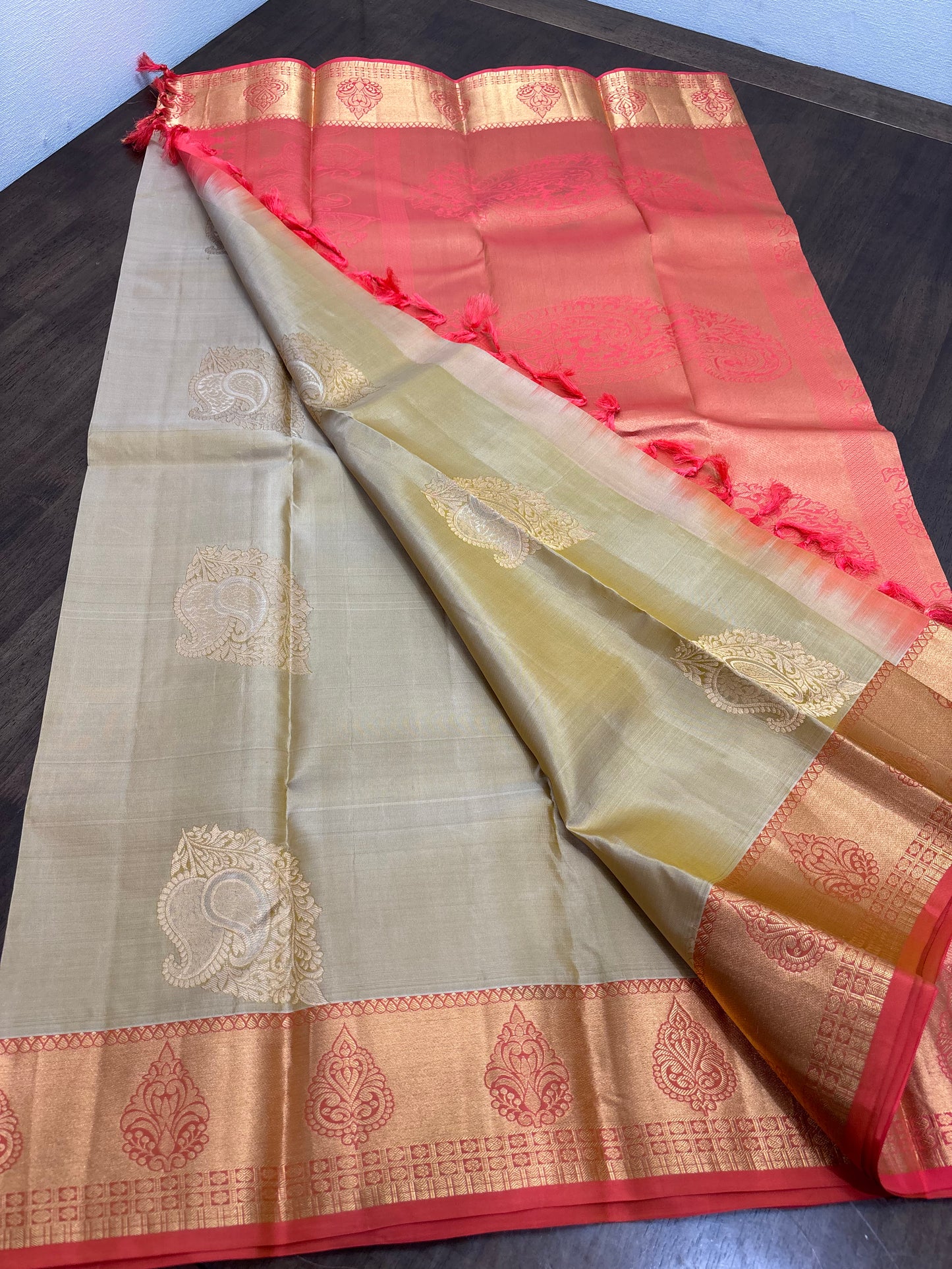 Radiant Gold & Peach Kanchipuram Silk Saree with Intricate Zari Detailing
