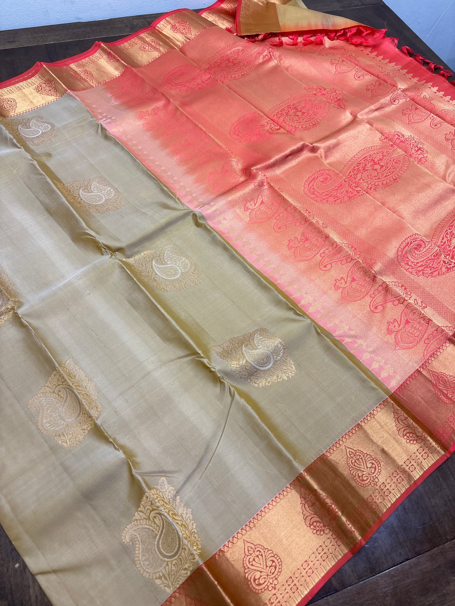 Radiant Gold & Peach Kanchipuram Silk Saree with Intricate Zari Detailing