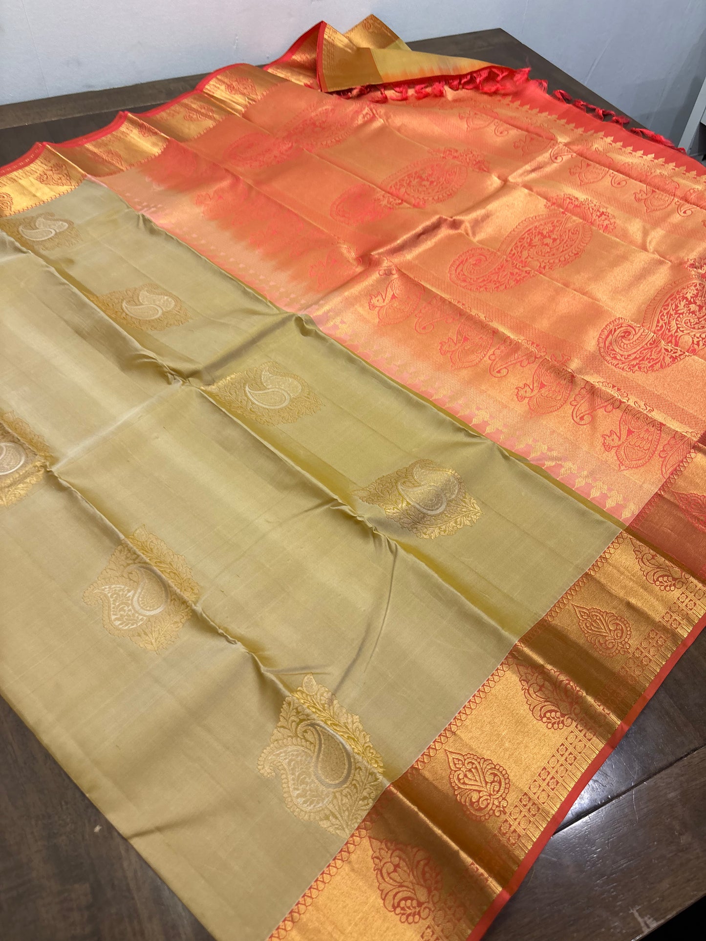 Radiant Gold & Peach Kanchipuram Silk Saree with Intricate Zari Detailing