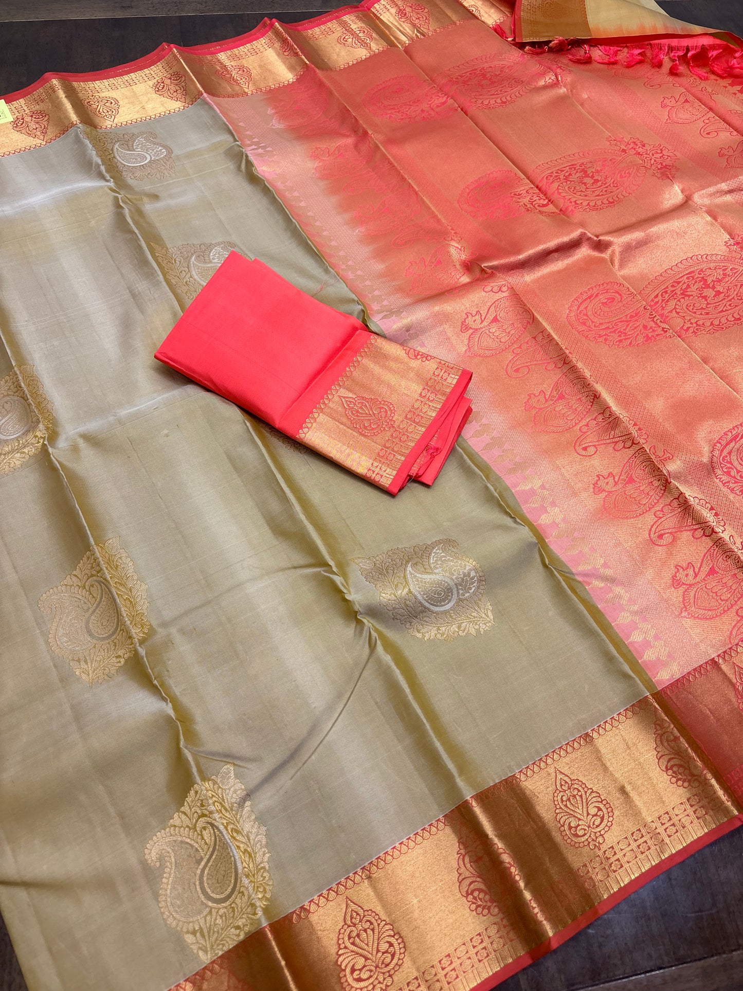 Radiant Gold & Peach Kanchipuram Silk Saree with Intricate Zari Detailing