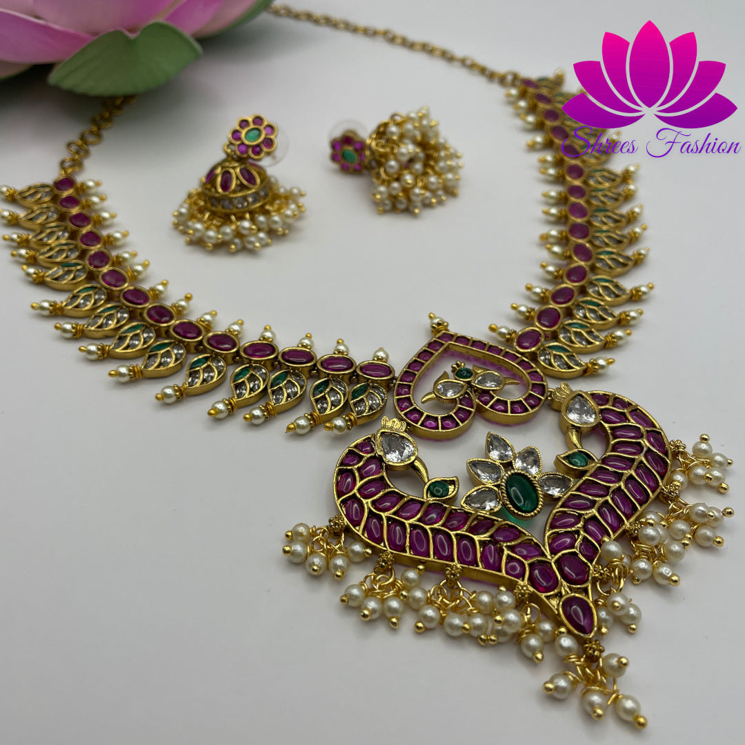Exquisite Elegance: Kemp Stones with Pearls Mango Design Matte Finish Necklace - Shrees Fashion Australia