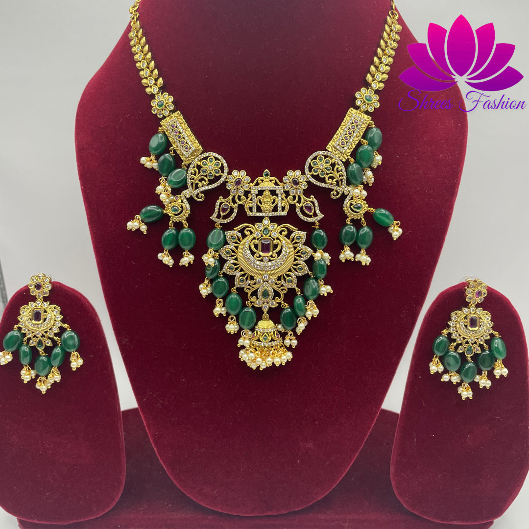 Glamorous Green Elegance: Matte Gold Finish with Cubic Zirconia Stones and Green Beads - Shrees Fashion Australia