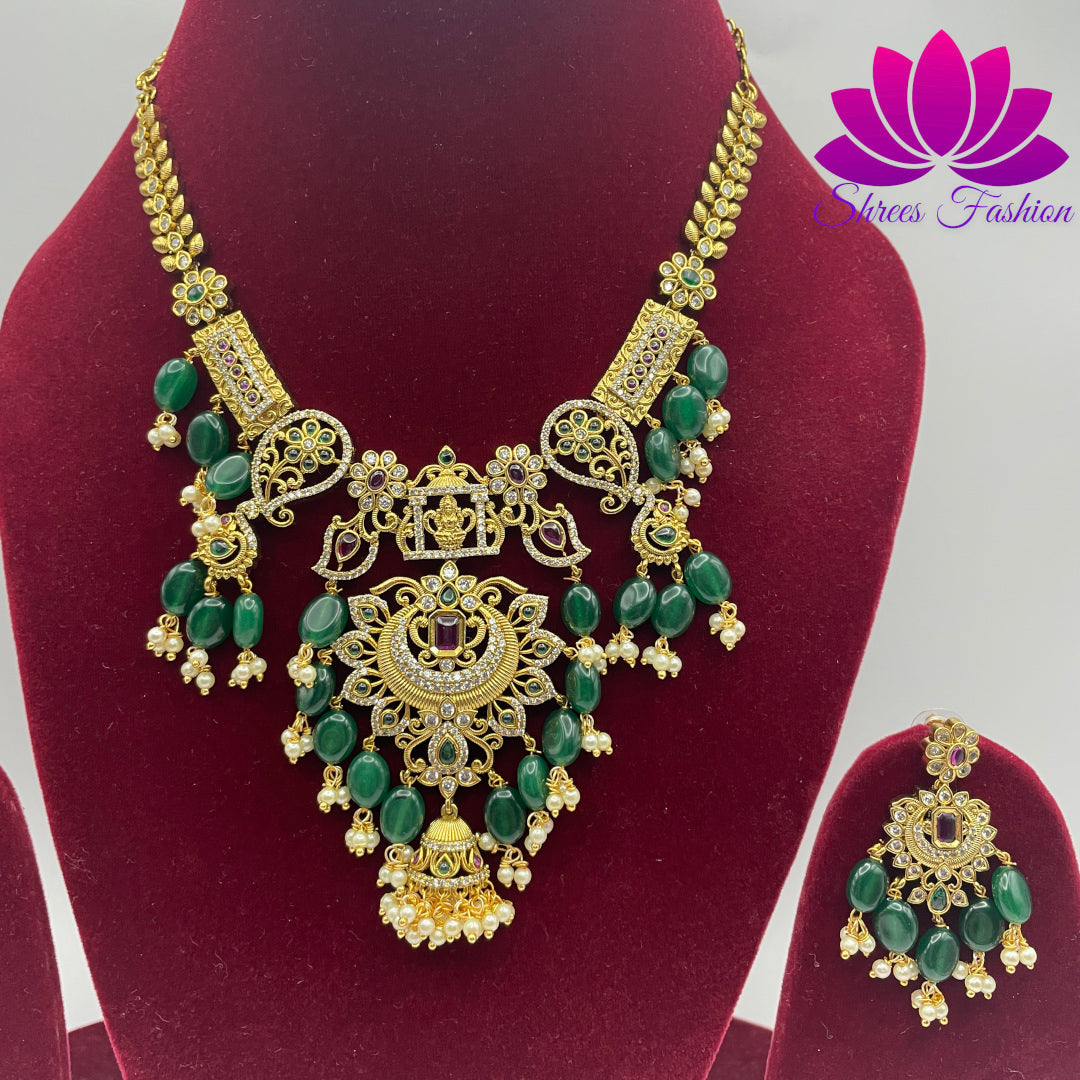 Glamorous Green Elegance: Matte Gold Finish with Cubic Zirconia Stones and Green Beads - Shrees Fashion Australia