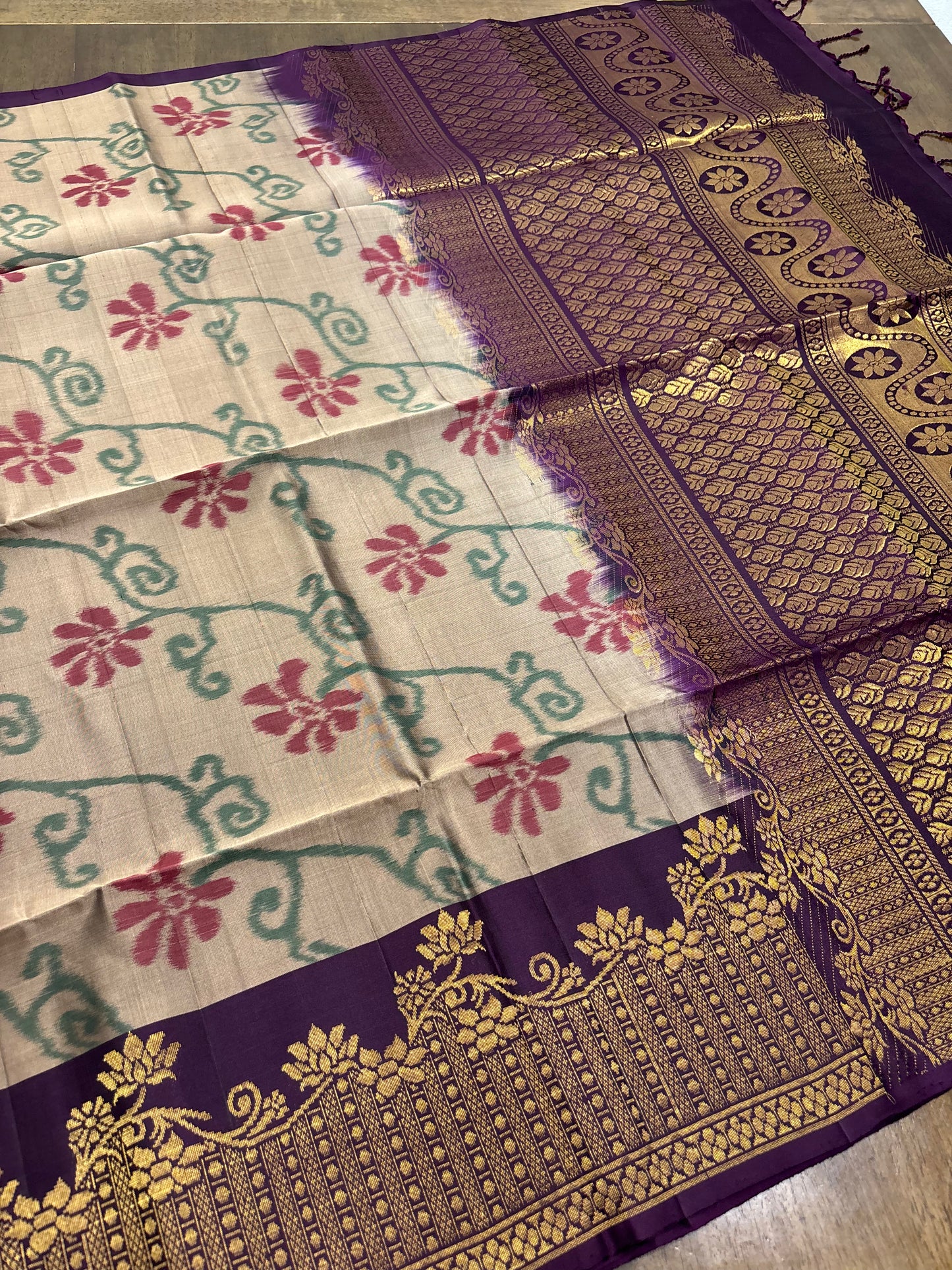 Light Brown Kanchipuram Silk Saree with Plum Accents & All-Over Floral Print