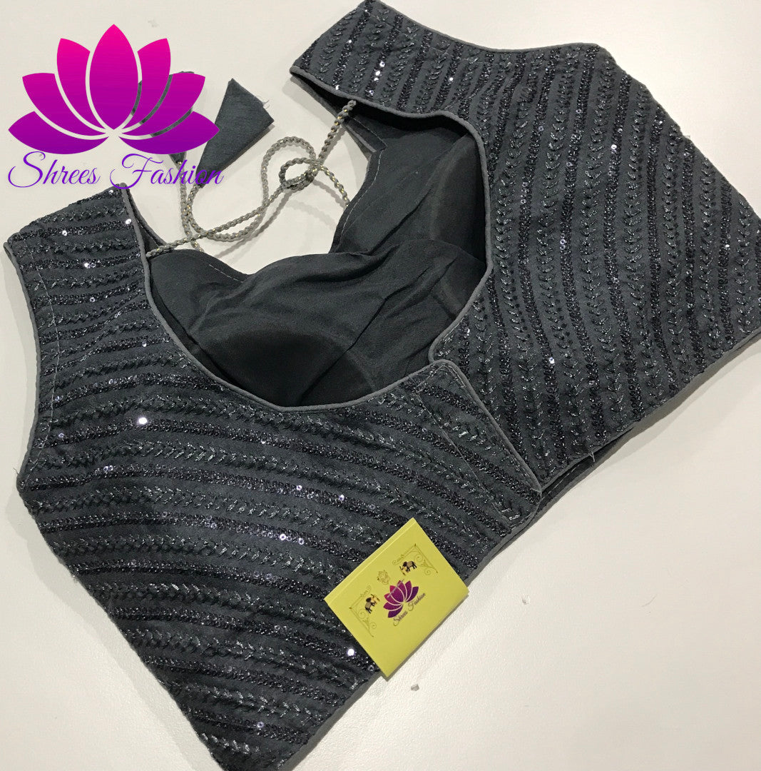 Graceful Slate: Raw Silk Sleeveless Grey Ready Made Blouse - Shrees Fashion Australia