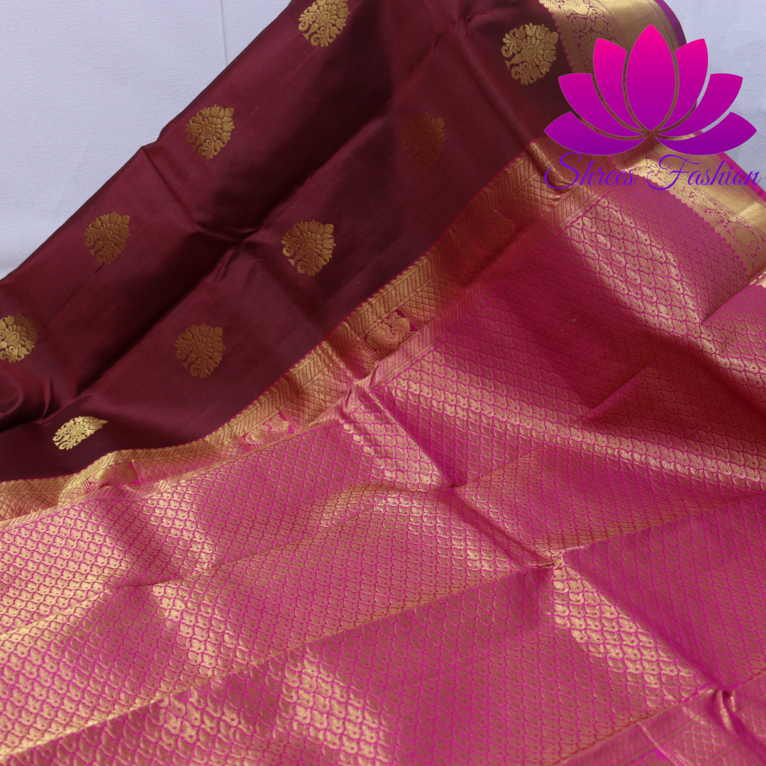 Exquisite Pure Silk Saree in Maroon with Pink Pallu | Online Silk Sarees Melbourne - Shrees Fashion Australia