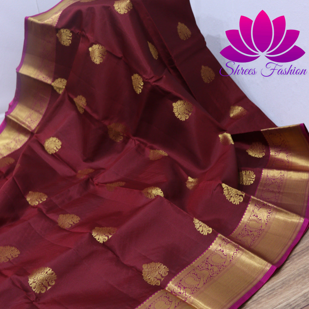 Exquisite Pure Silk Saree in Maroon with Pink Pallu | Online Silk Sarees Melbourne - Shrees Fashion Australia