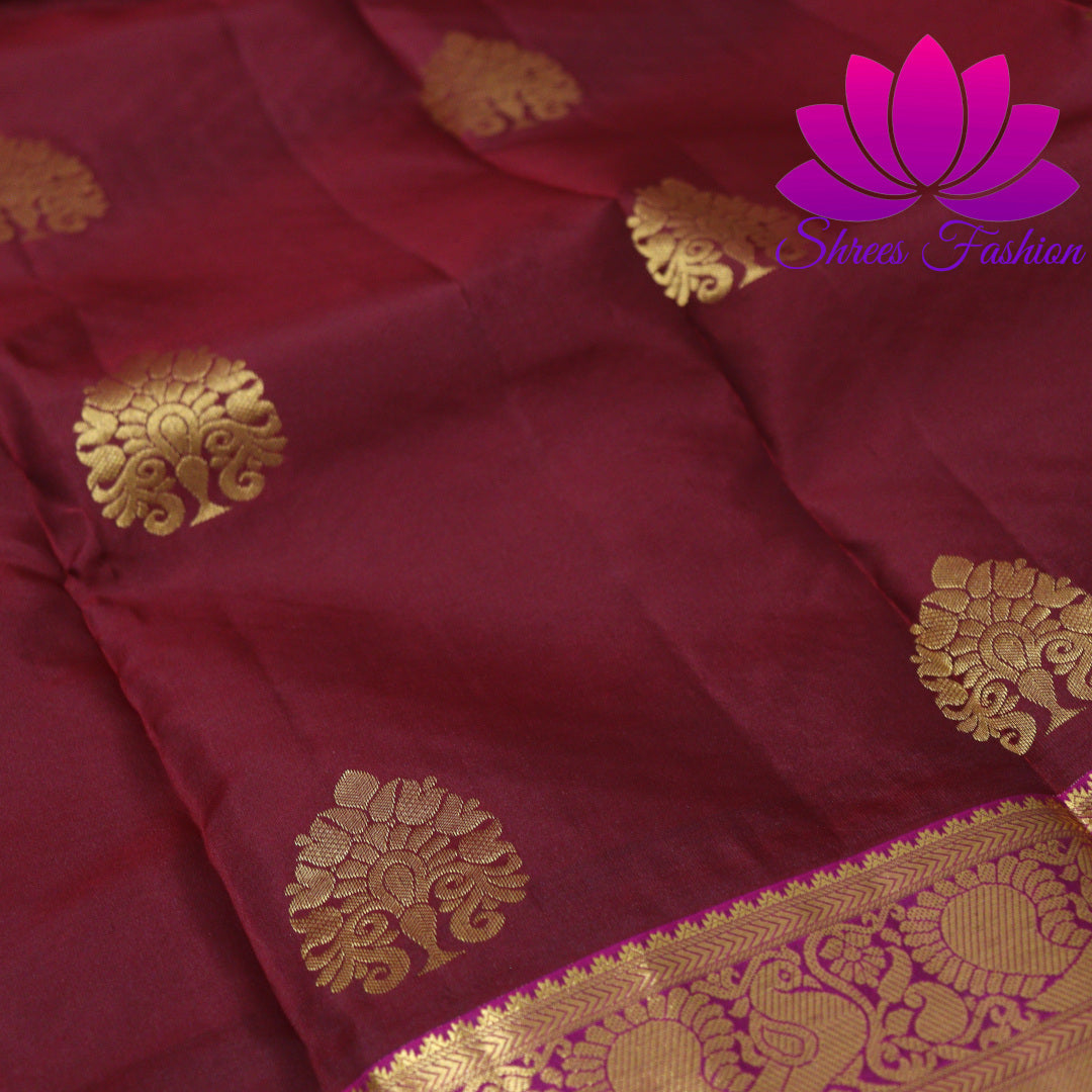 Exquisite Pure Silk Saree in Maroon with Pink Pallu | Online Silk Sarees Melbourne - Shrees Fashion Australia