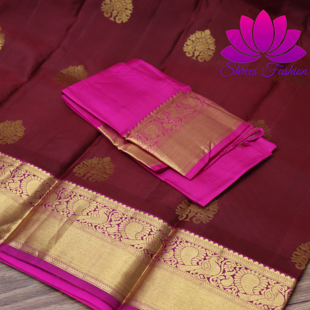 Exquisite Pure Silk Saree in Maroon with Pink Pallu | Online Silk Sarees Melbourne - Shrees Fashion Australia