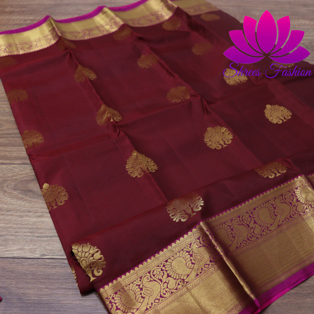 Exquisite Pure Silk Saree in Maroon with Pink Pallu | Online Silk Sarees Melbourne - Shrees Fashion Australia