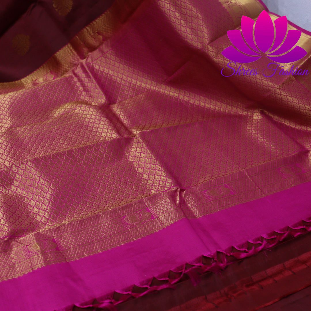 Exquisite Pure Silk Saree in Maroon with Pink Pallu | Online Silk Sarees Melbourne - Shrees Fashion Australia