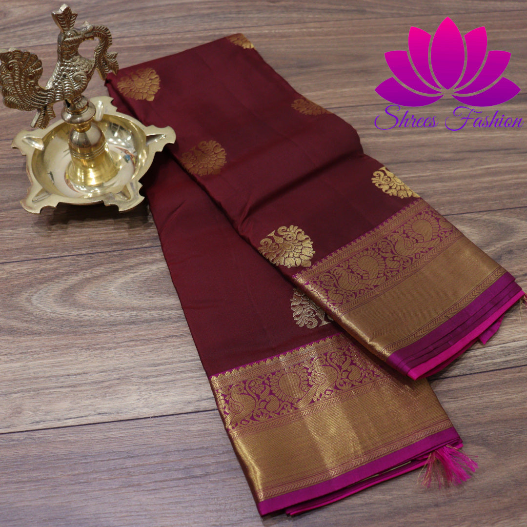 Exquisite Pure Silk Saree in Maroon with Pink Pallu | Online Silk Sarees Melbourne - Shrees Fashion Australia