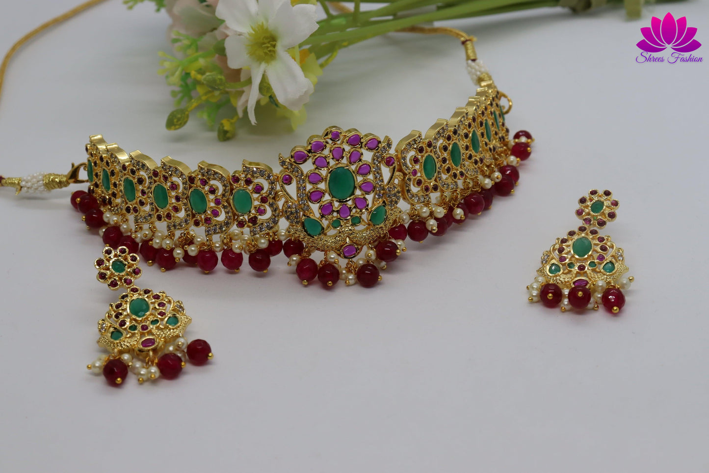 Elegant Look Cubic Zirconia Green And Pink Stones Choker - Shrees Fashion Australia