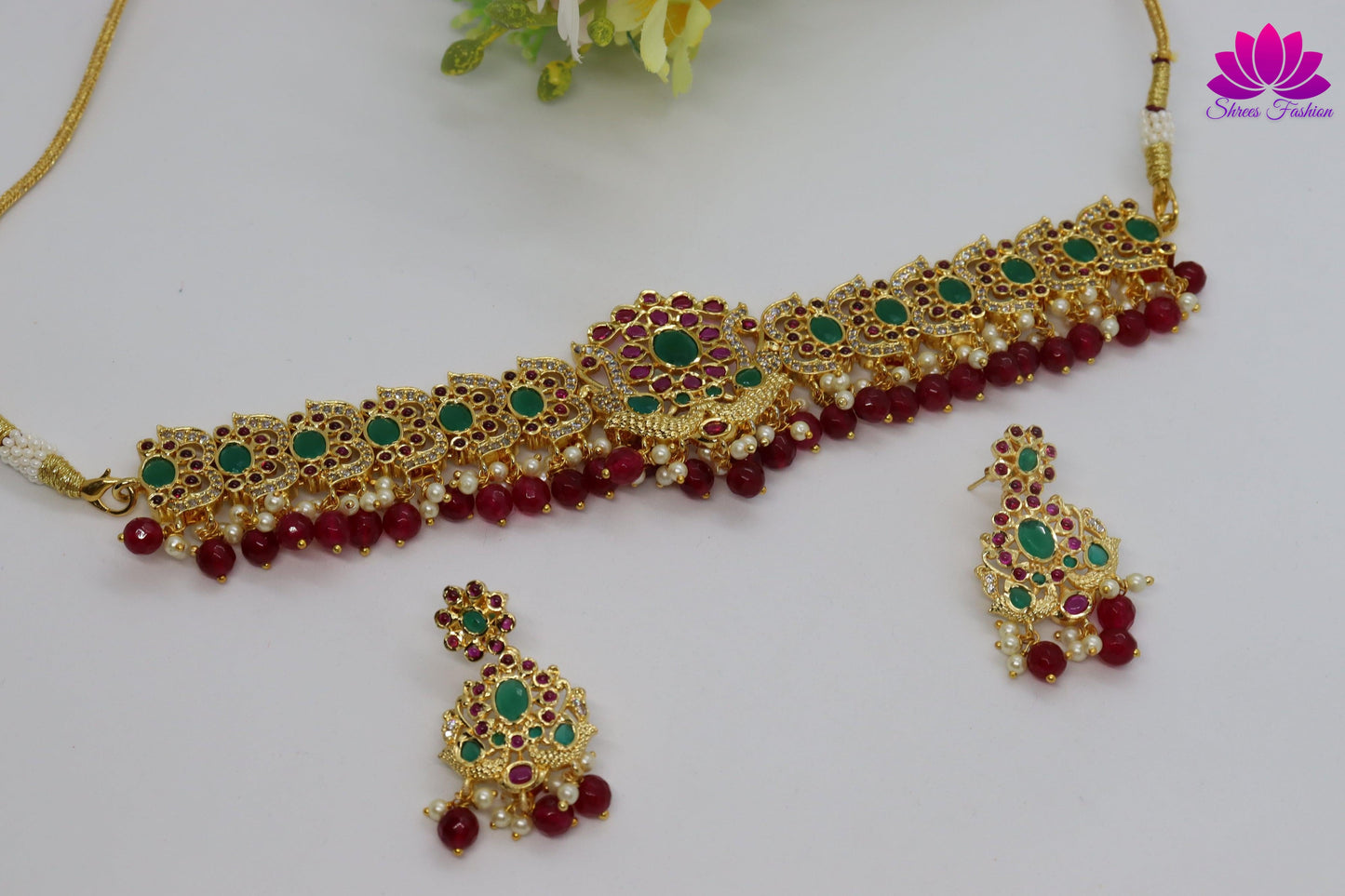 Elegant Look Cubic Zirconia Green And Pink Stones Choker - Shrees Fashion Australia