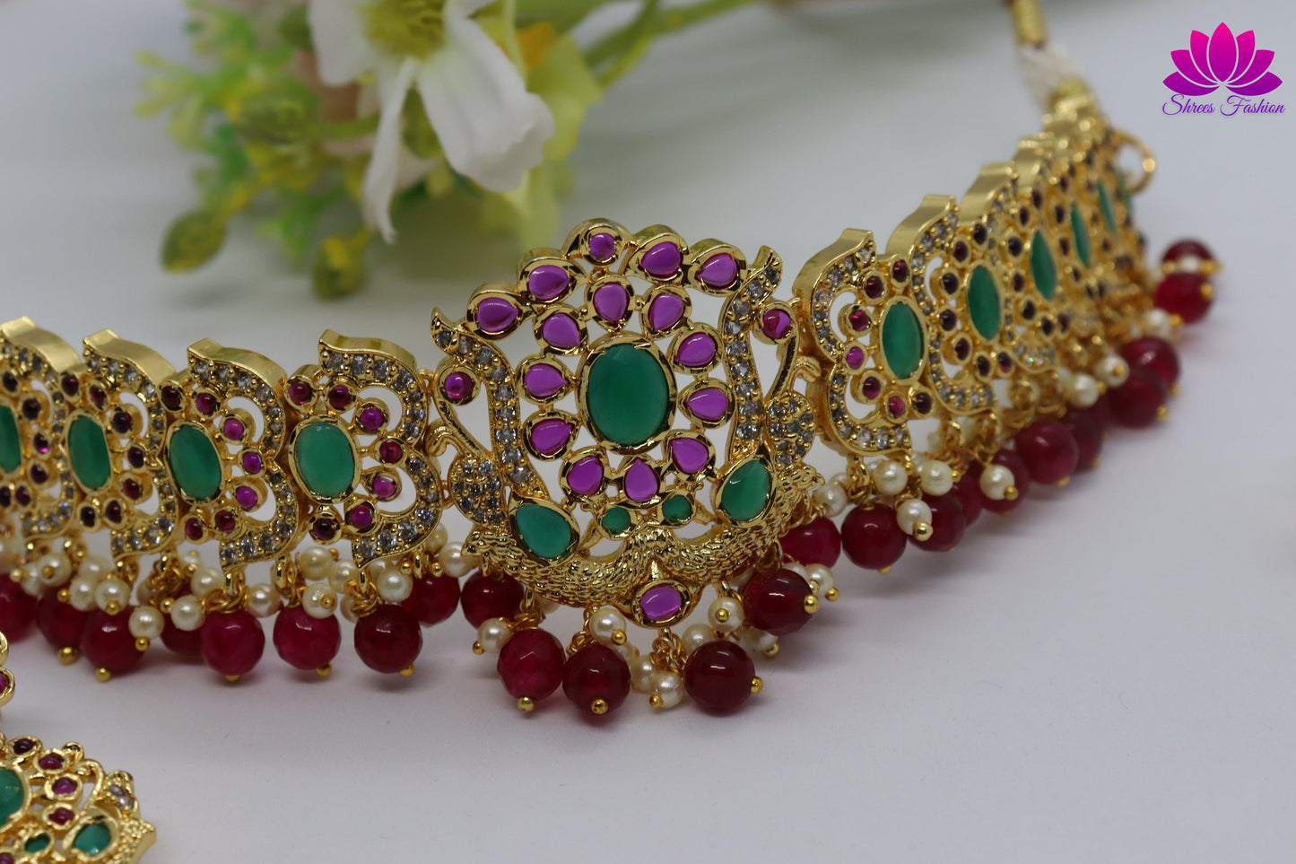 Elegant Look Cubic Zirconia Green And Pink Stones Choker - Shrees Fashion Australia