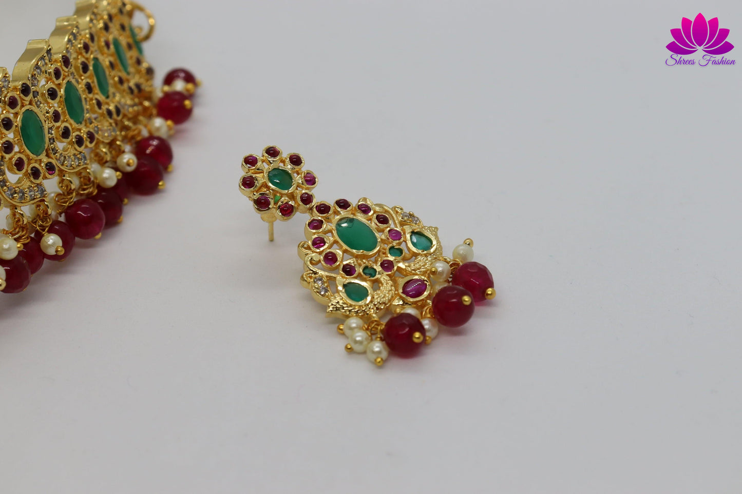Elegant Look Cubic Zirconia Green And Pink Stones Choker - Shrees Fashion Australia