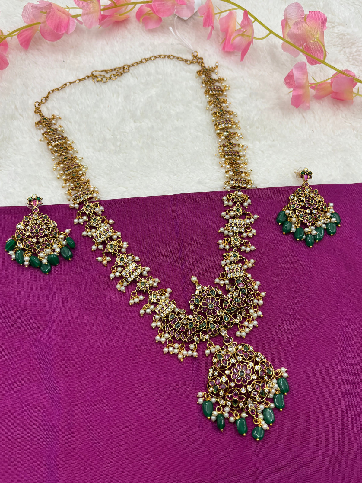 Premium Kemp Stone Long Haram Set with Green Beads & Matching Earrings
