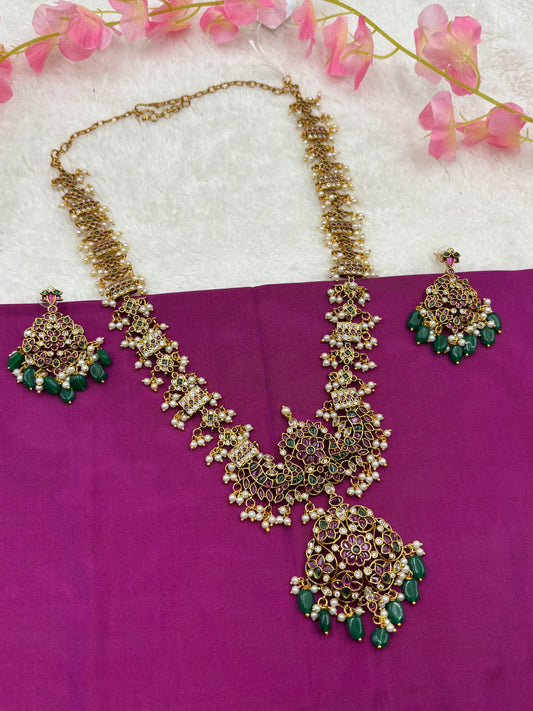 Premium Kemp Stone Long Haram Set with Green Beads & Matching Earrings