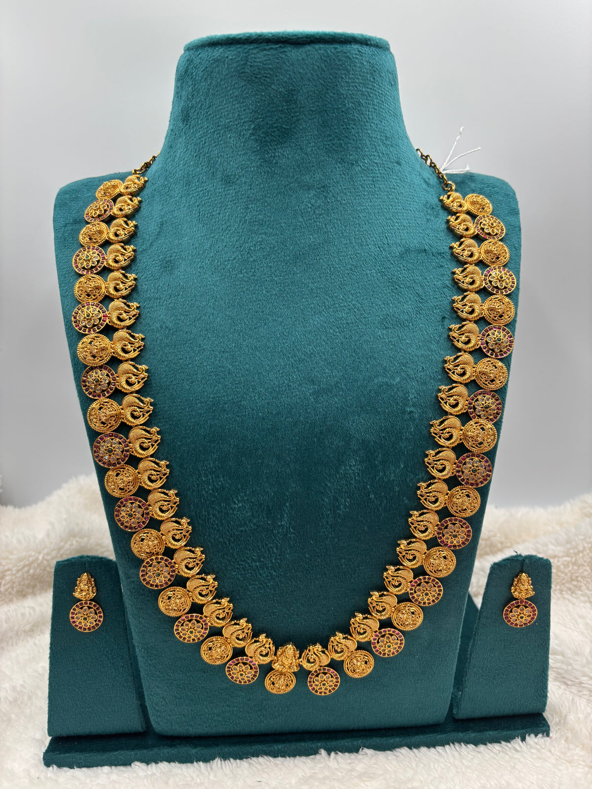 Antique Temple Jewellery Set – Peacock & Lakshmi Coin Long Haram with Earrings