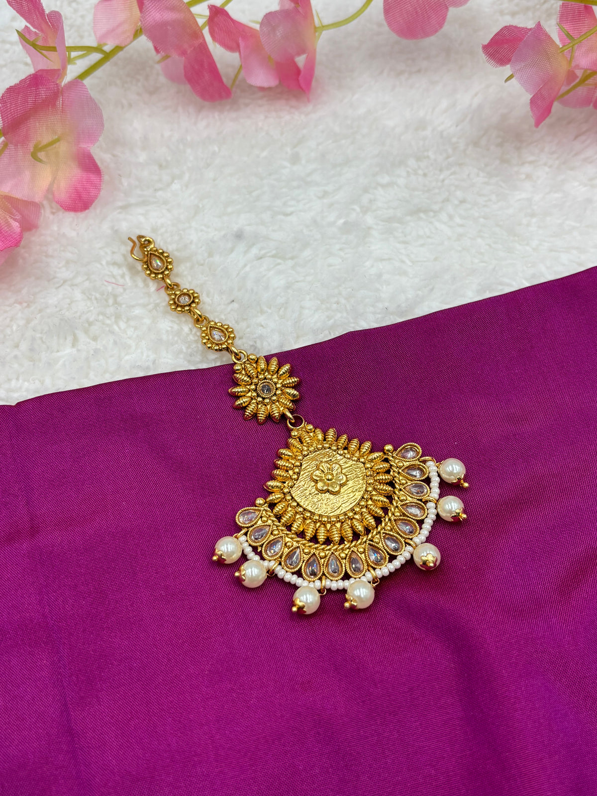 Matte Gold Finish Floral Tikka – White Stones & Pearl Hangings