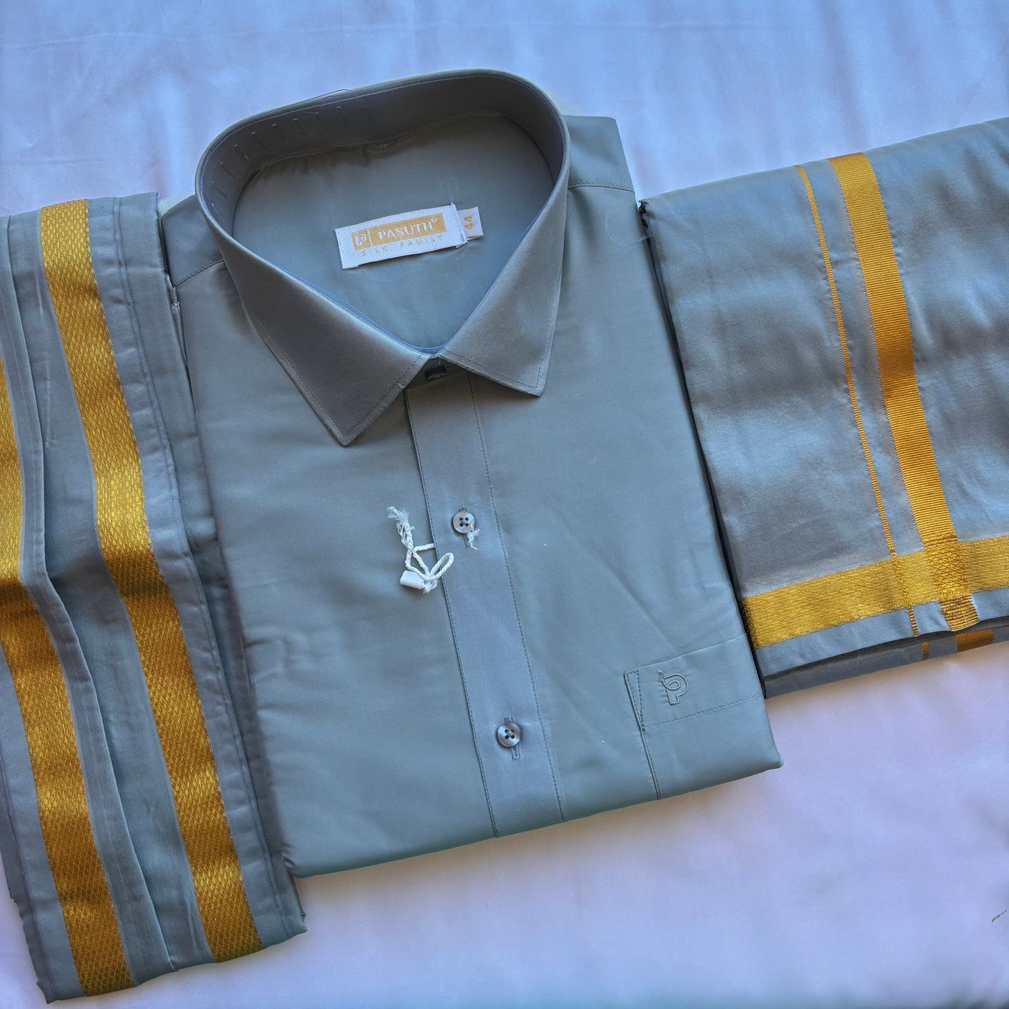 South Indian Pastel Grey Silk Vesti Shirt Set – Festive Collection