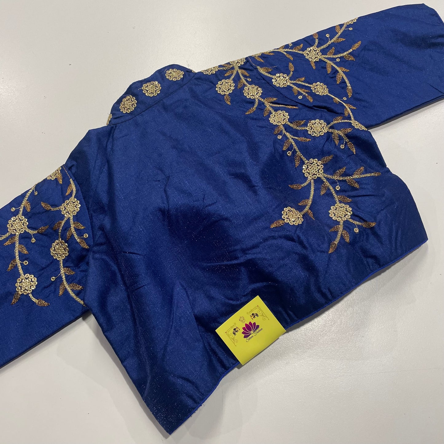 Royal Blue Collar Neck Ready-Made Blouse with Gold Embroidery – Regal Fusion for Sarees & Festive Wear