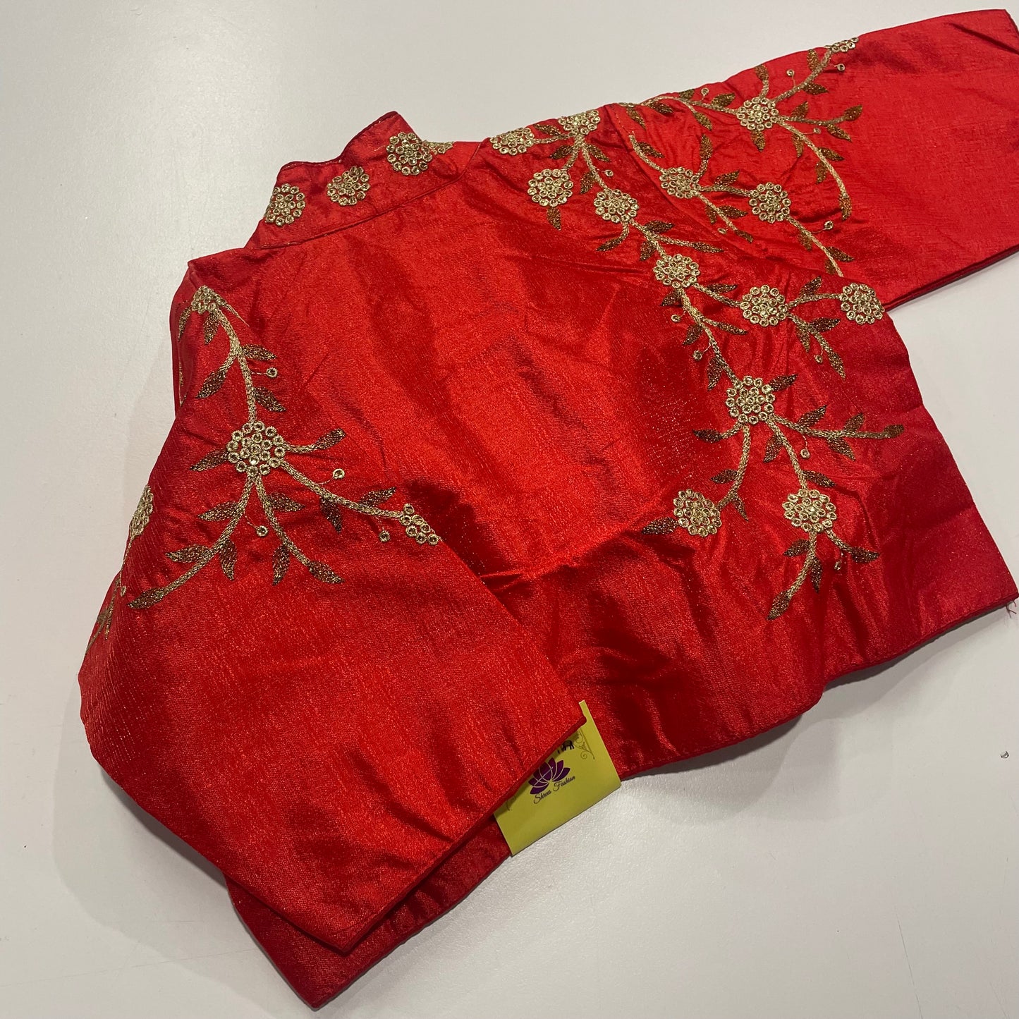 Red Collar Neck Ready-Made Blouse with Gold Embroidery – Bold & Graceful Pairing for Sarees