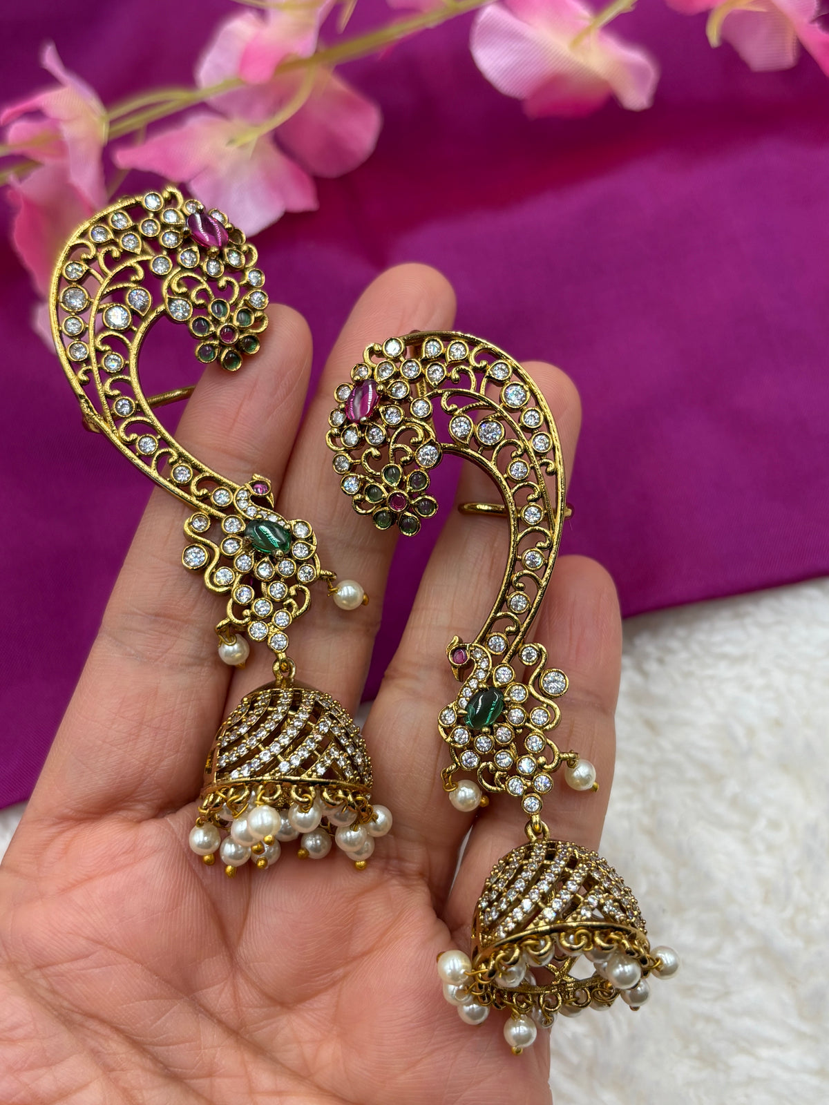 Antique Gold Finish Temple Earcuff with Ruby, Green Stones & Pearl Drops
